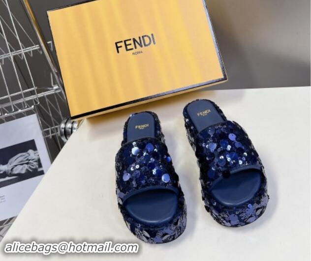 Hot Style Fendi Sequins Wedge Slides Sandal 6cm Blue 813110