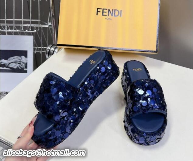 Hot Style Fendi Sequins Wedge Slides Sandal 6cm Blue 813110