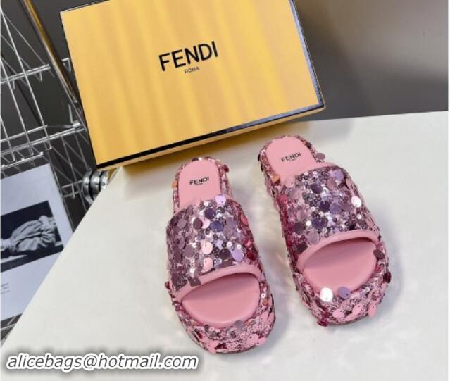 Stylish Fendi Sequins Wedge Slides Sandal 6cm Pink 813111