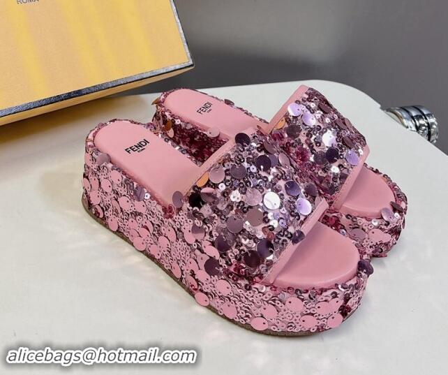 Stylish Fendi Sequins Wedge Slides Sandal 6cm Pink 813111