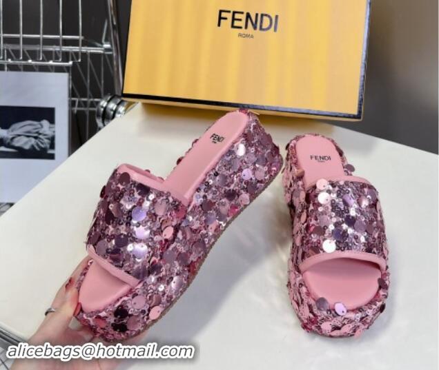 Stylish Fendi Sequins Wedge Slides Sandal 6cm Pink 813111