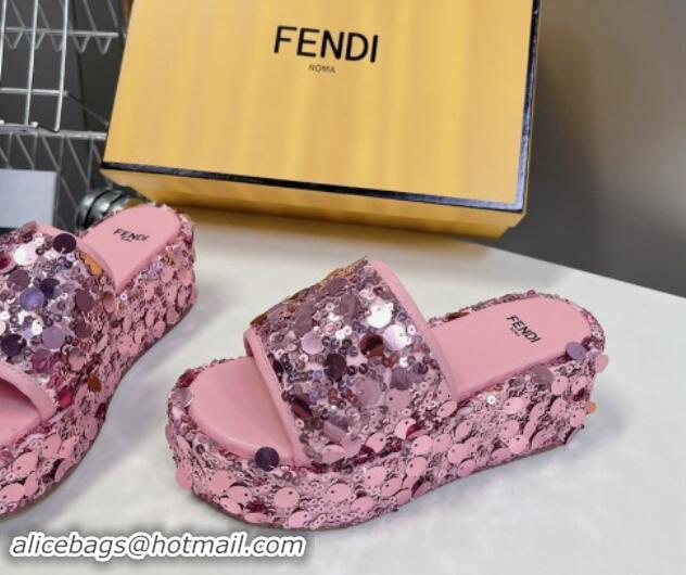 Stylish Fendi Sequins Wedge Slides Sandal 6cm Pink 813111