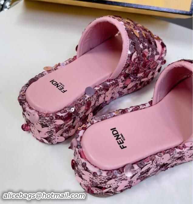 Stylish Fendi Sequins Wedge Slides Sandal 6cm Pink 813111