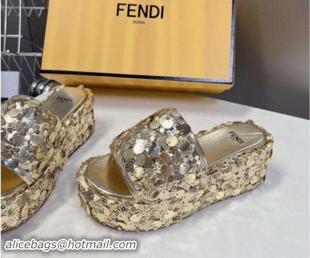 Best Price Fendi Sequins Wedge Slides Sandal 6cm Gold 813112