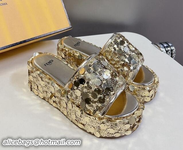 Best Price Fendi Sequins Wedge Slides Sandal 6cm Gold 813112