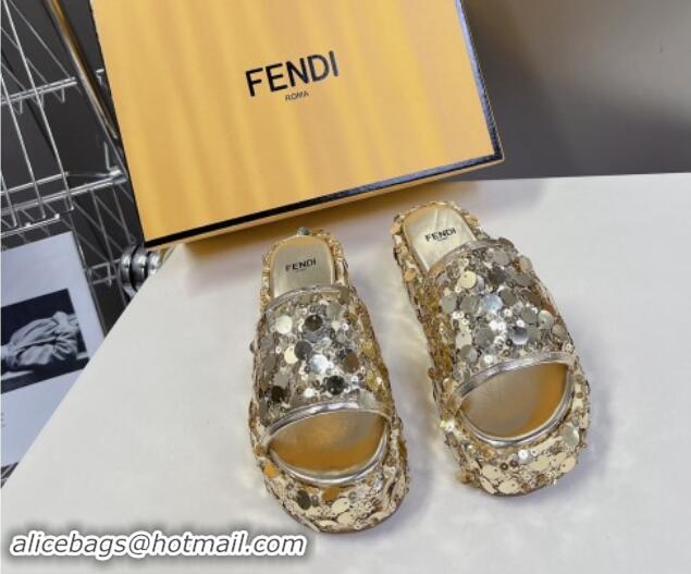 Best Price Fendi Sequins Wedge Slides Sandal 6cm Gold 813112