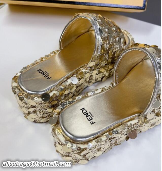 Best Price Fendi Sequins Wedge Slides Sandal 6cm Gold 813112