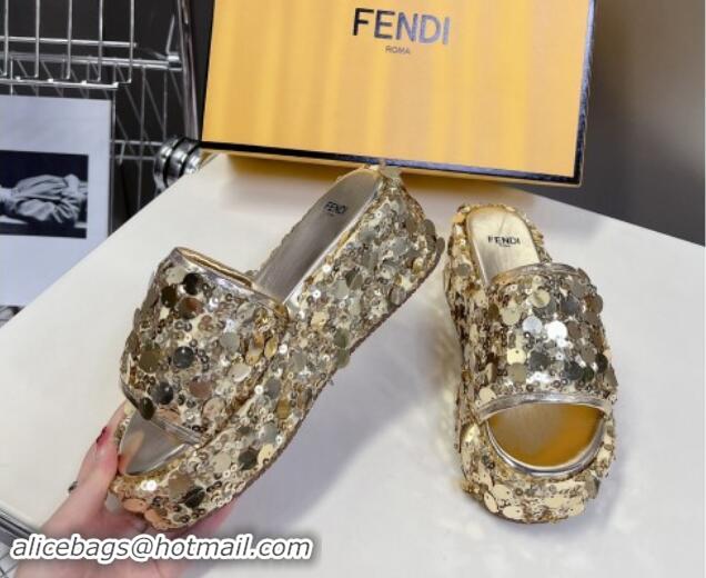 Best Price Fendi Sequins Wedge Slides Sandal 6cm Gold 813112