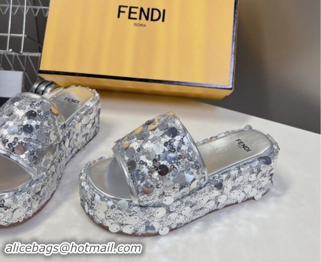 Sophisticated Fendi Sequins Wedge Slides Sandal 6cm Silver 813113