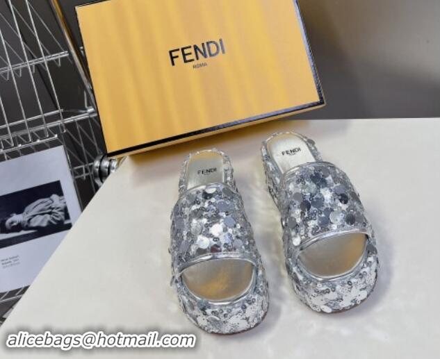 Sophisticated Fendi Sequins Wedge Slides Sandal 6cm Silver 813113