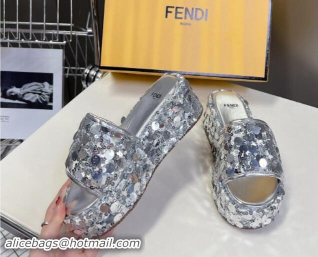 Sophisticated Fendi Sequins Wedge Slides Sandal 6cm Silver 813113