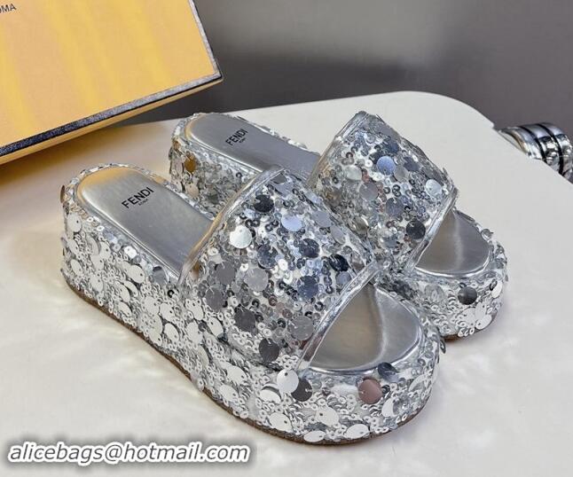 Sophisticated Fendi Sequins Wedge Slides Sandal 6cm Silver 813113