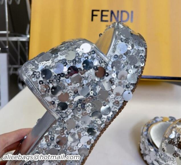 Sophisticated Fendi Sequins Wedge Slides Sandal 6cm Silver 813113