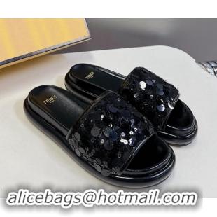 Stylish Fendi Sequins Flat Slides Sandal Black 813114