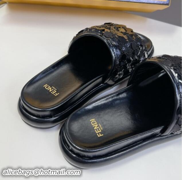 Stylish Fendi Sequins Flat Slides Sandal Black 813114