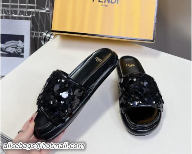 Stylish Fendi Sequins Flat Slides Sandal Black 813114