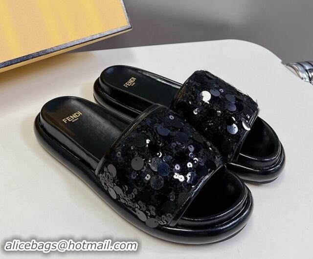 Stylish Fendi Sequins Flat Slides Sandal Black 813114