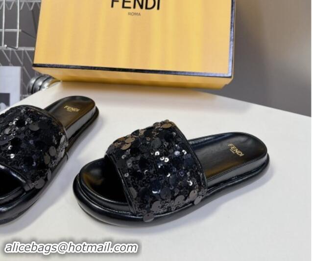 Stylish Fendi Sequins Flat Slides Sandal Black 813114