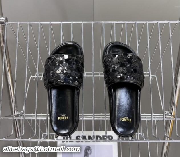 Stylish Fendi Sequins Flat Slides Sandal Black 813114