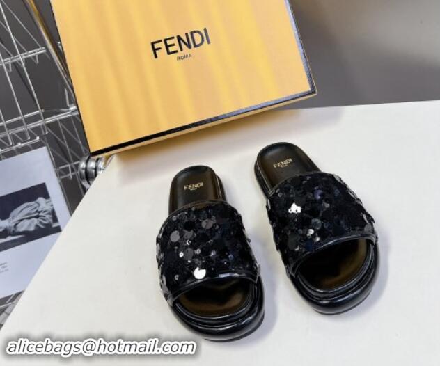 Stylish Fendi Sequins Flat Slides Sandal Black 813114