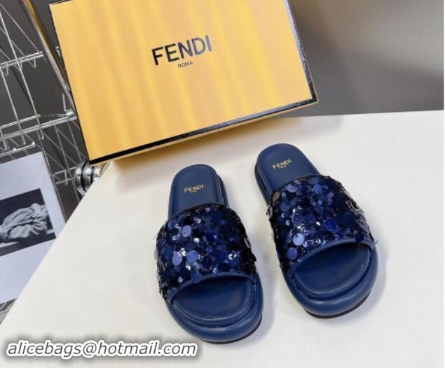 Pretty Style Fendi Sequins Flat Slides Sandal Blue 813115