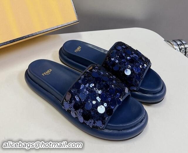 Pretty Style Fendi Sequins Flat Slides Sandal Blue 813115