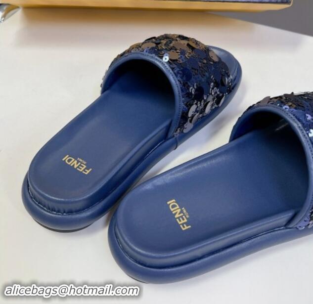 Pretty Style Fendi Sequins Flat Slides Sandal Blue 813115