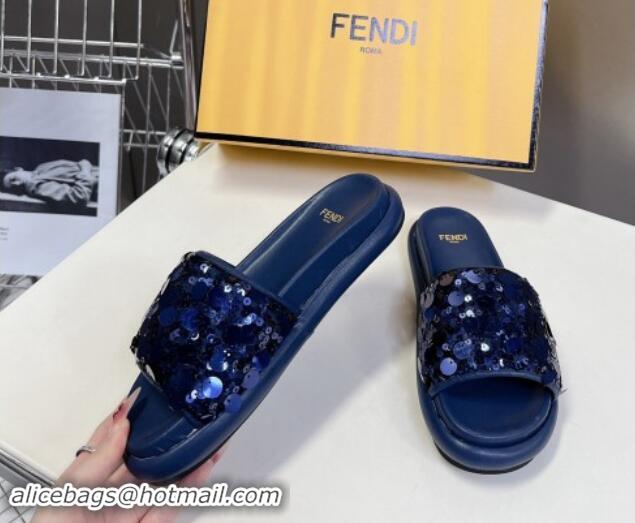 Pretty Style Fendi Sequins Flat Slides Sandal Blue 813115