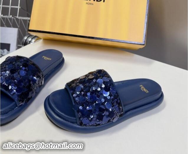 Pretty Style Fendi Sequins Flat Slides Sandal Blue 813115