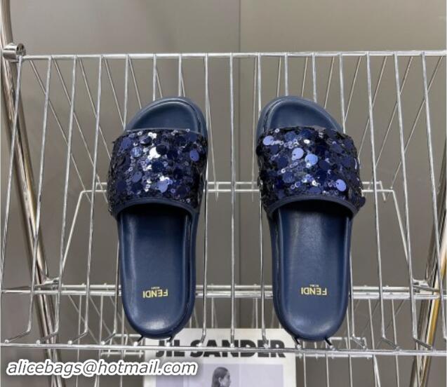 Pretty Style Fendi Sequins Flat Slides Sandal Blue 813115