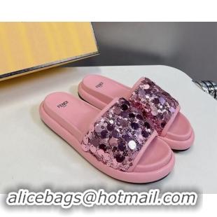 Sumptuous Fendi Sequins Flat Slides Sandal Pink 813116