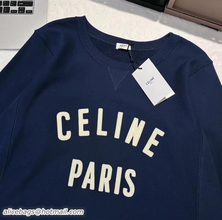 ​Unique Discount Celine Paris Loose Sweatshirt In Cotton Fleece CE5463 Dark Blue