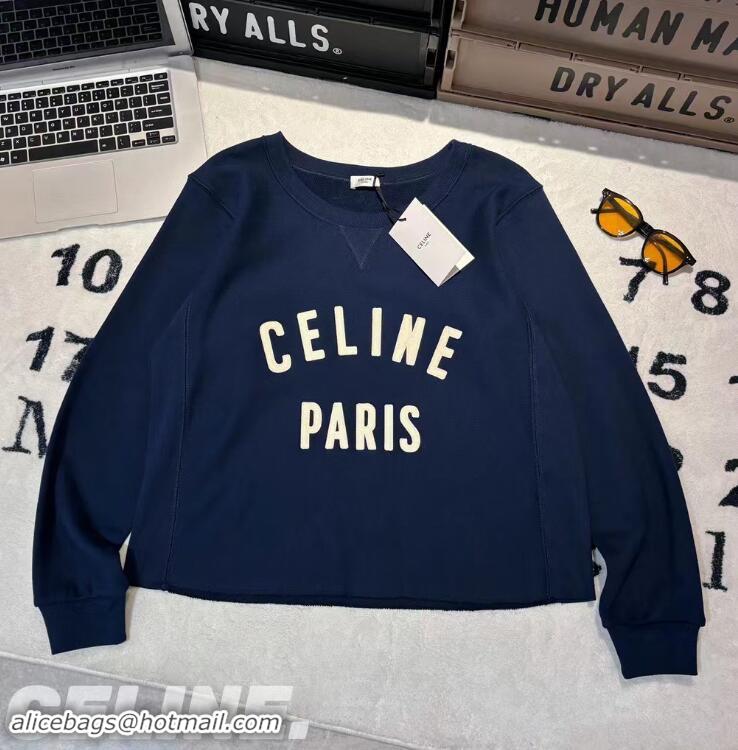 ​Unique Discount Celine Paris Loose Sweatshirt In Cotton Fleece CE5463 Dark Blue