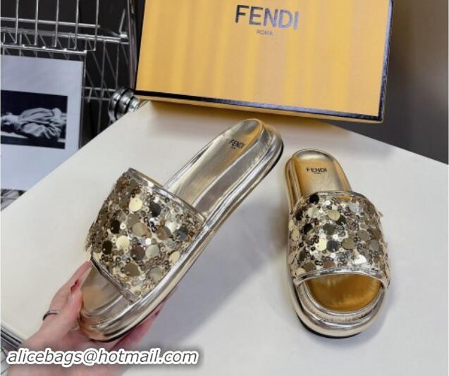 Good Quality Fendi Sequins Flat Slides Sandal Gold 813117