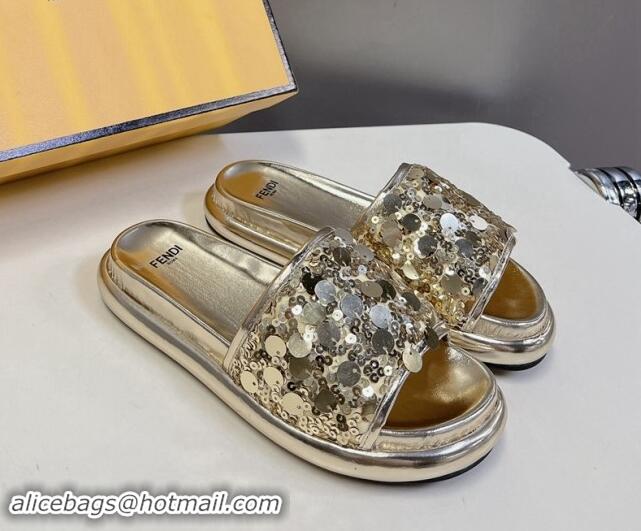 Good Quality Fendi Sequins Flat Slides Sandal Gold 813117