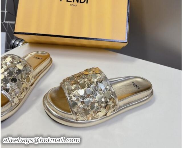 Good Quality Fendi Sequins Flat Slides Sandal Gold 813117