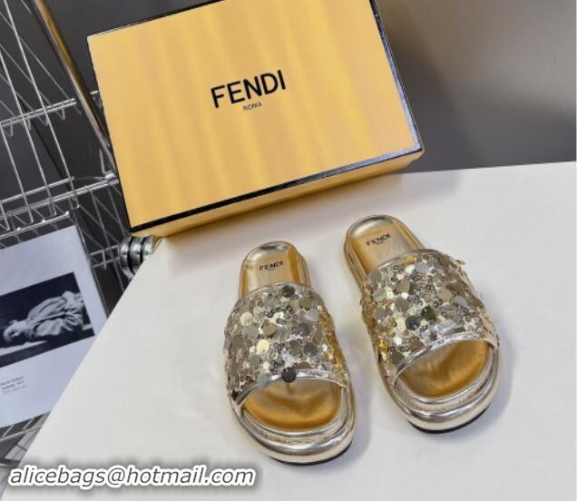 Good Quality Fendi Sequins Flat Slides Sandal Gold 813117