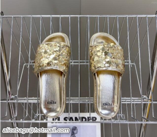 Good Quality Fendi Sequins Flat Slides Sandal Gold 813117