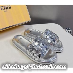 Sumptuous Fendi Sequins Flat Slides Sandal Silver 813118