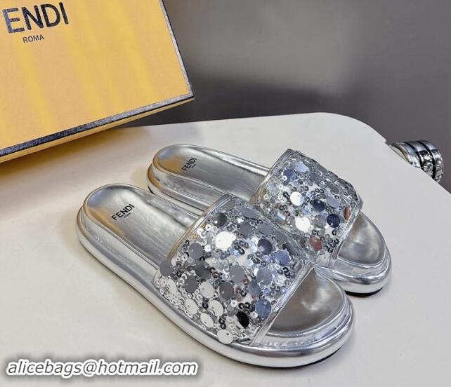 Sumptuous Fendi Sequins Flat Slides Sandal Silver 813118