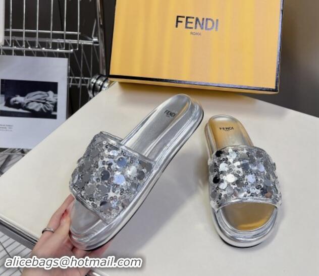 Sumptuous Fendi Sequins Flat Slides Sandal Silver 813118