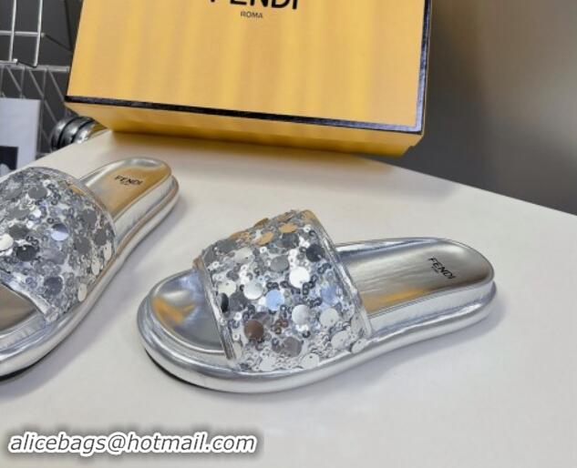 Sumptuous Fendi Sequins Flat Slides Sandal Silver 813118