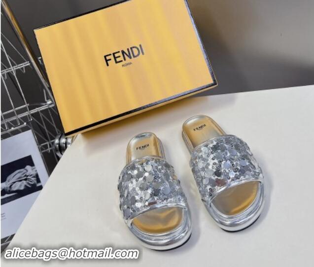 Sumptuous Fendi Sequins Flat Slides Sandal Silver 813118