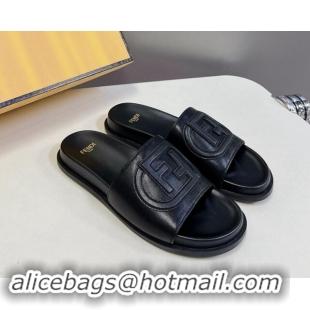 Stylish Fendi Leather Flat Slides Sandal with FF Circle Black 813119