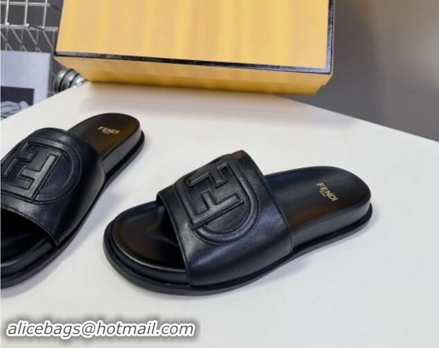 Stylish Fendi Leather Flat Slides Sandal with FF Circle Black 813119