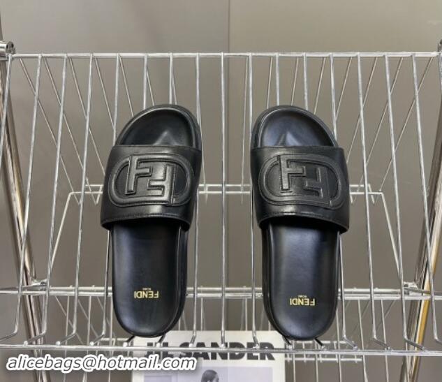 Stylish Fendi Leather Flat Slides Sandal with FF Circle Black 813119