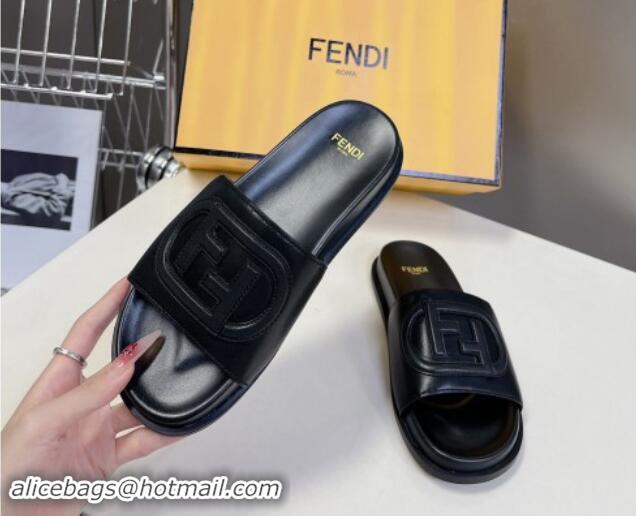 Stylish Fendi Leather Flat Slides Sandal with FF Circle Black 813119