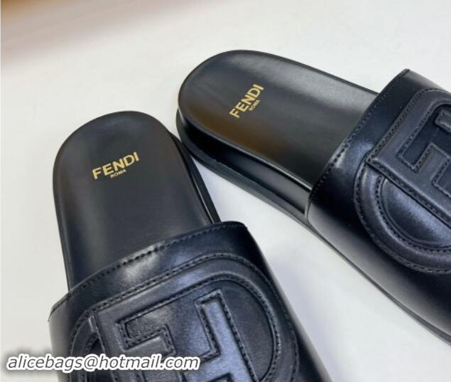 Stylish Fendi Leather Flat Slides Sandal with FF Circle Black 813119