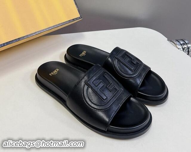 Stylish Fendi Leather Flat Slides Sandal with FF Circle Black 813119