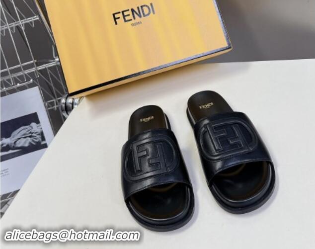 Stylish Fendi Leather Flat Slides Sandal with FF Circle Black 813119